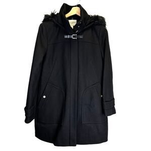 Cole Haan Black Faux Fur Trim Hooded Wool Long Duffle Pea Coat Womens Size 8